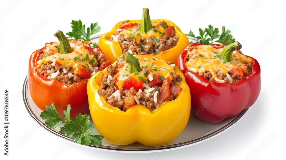 A plate of gourmet stuffed bell peppers with a filling of seasoned ground beef, rice, tomatoes A plate of gourmet stuffed bell peppers with a filling of seasoned ground beef, rice, tomatoes