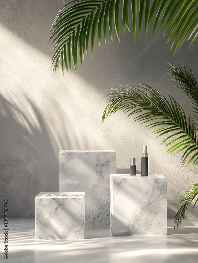 Simple podium as showcase for products. Modern showcase with three marble cube podium with palm leaf in sunlight, shadow on white board, grey wall, cosmetic goods. Simple podium as showcase for products. Modern showcase with three marble cube podium with palm leaf in sunlight, shadow on white board, grey wall, cosmetic goods.