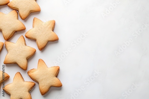 Star-shaped cookies on white background, baking concept, top vie