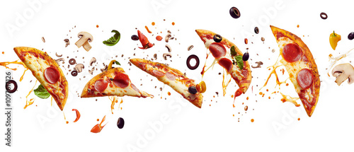 Pizza slices with toppings flying in the air transparent background