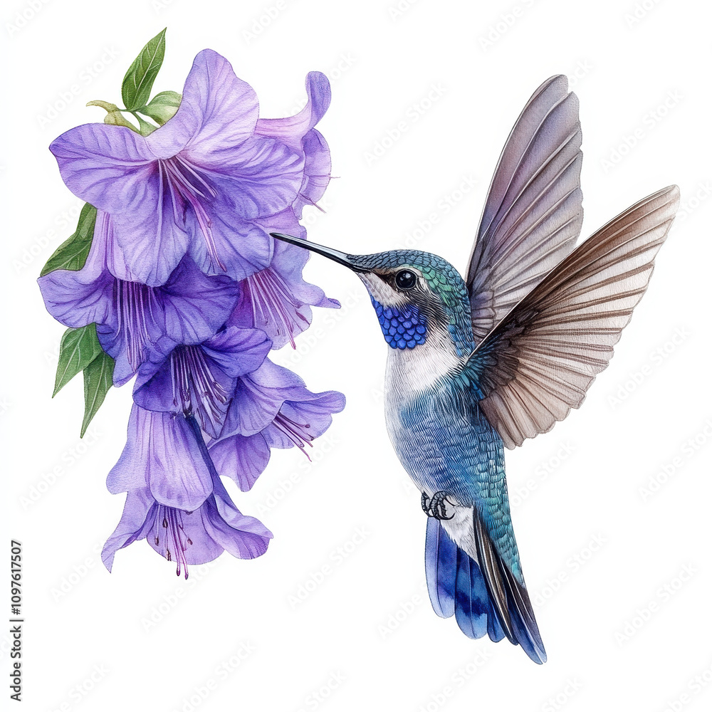 Obraz premium Hummingbird sipping nectar from vibrant purple flowers