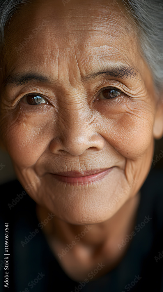 Serene and joyful portrait of smiling South East Asian elder woman on clean backdrop Serene and joyful portrait of smiling South East Asian elder woman on clean backdrop