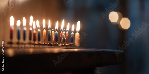 A beautiful menorah fully lit, casting a warm and inviting ambiance in a dimly lit room, surrounded by the festive glow of candlelight. photo