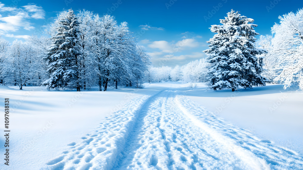 Fototapeta premium A tranquil winter landscape featuring a snowy path winding through trees under a clear blue sky