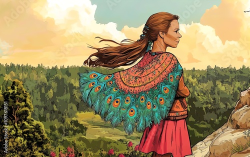 Empowered Slavic Warrior Woman: Stunning Poster of a Russian Female Bogatyr in Intricate Armor with Vibrant Sunset, Perfect for Sports Interiors and Fantasy Art Lovers! photo