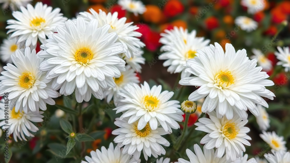 White chrysanthemum blooms with a few bright yellow accents in a garden setting, nature, serene