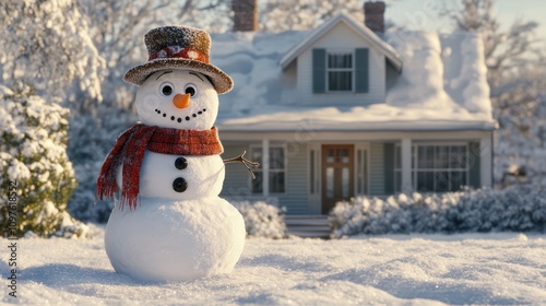 A snowman with a hat and scarf stands in front of a house. The scene is set in a snowy landscape, with the snowman being the main focus of the image. The house in the background adds a sense of warmt photo