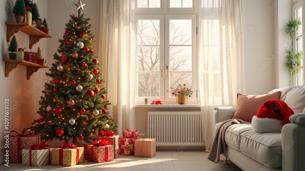 Bright White Room Christmas Tree Decor, Red & Green Ornaments, Presents, Santa Hat