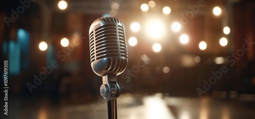 Vintage microphone on stage with bokeh lights.