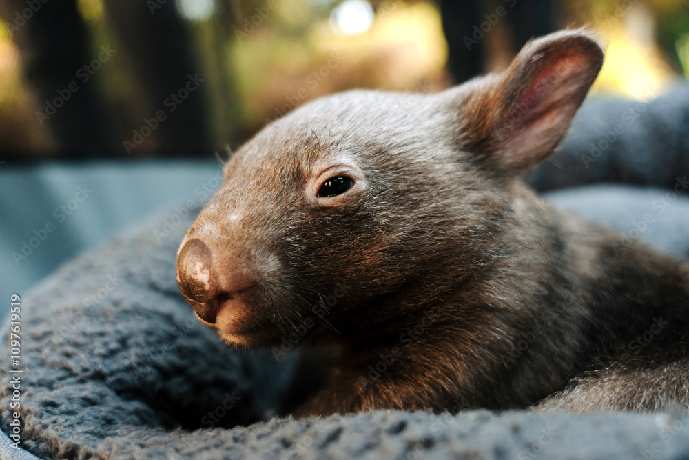 Baby wombat resting on a soft grey cushion. Baby wombat resting on a soft grey cushion.