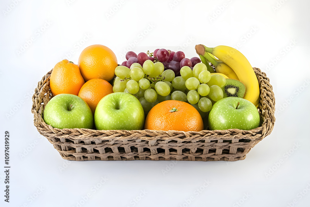 A basket of fresh Juicy Fruits Assorted on a White Background A basket of fresh Juicy Fruits Assorted on a White Background