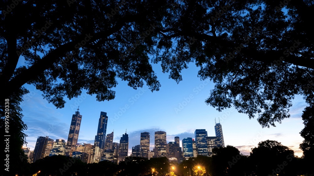 Fototapeta premium City skyline viewed from park at twilight.