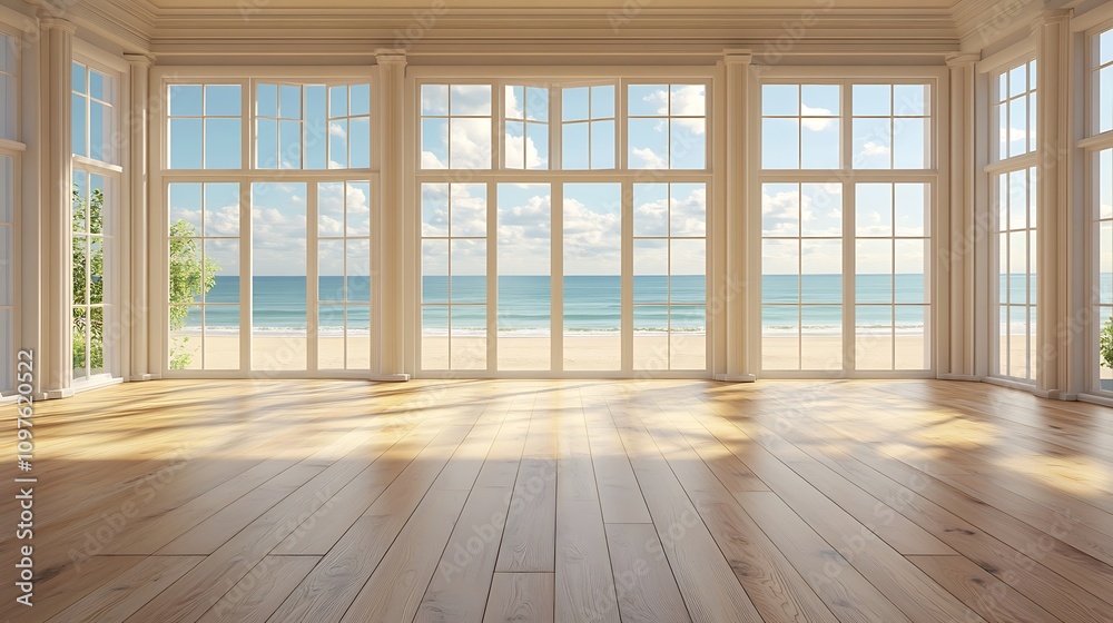 Obraz premium Beachfront view modern home interior design coastal bright serenity