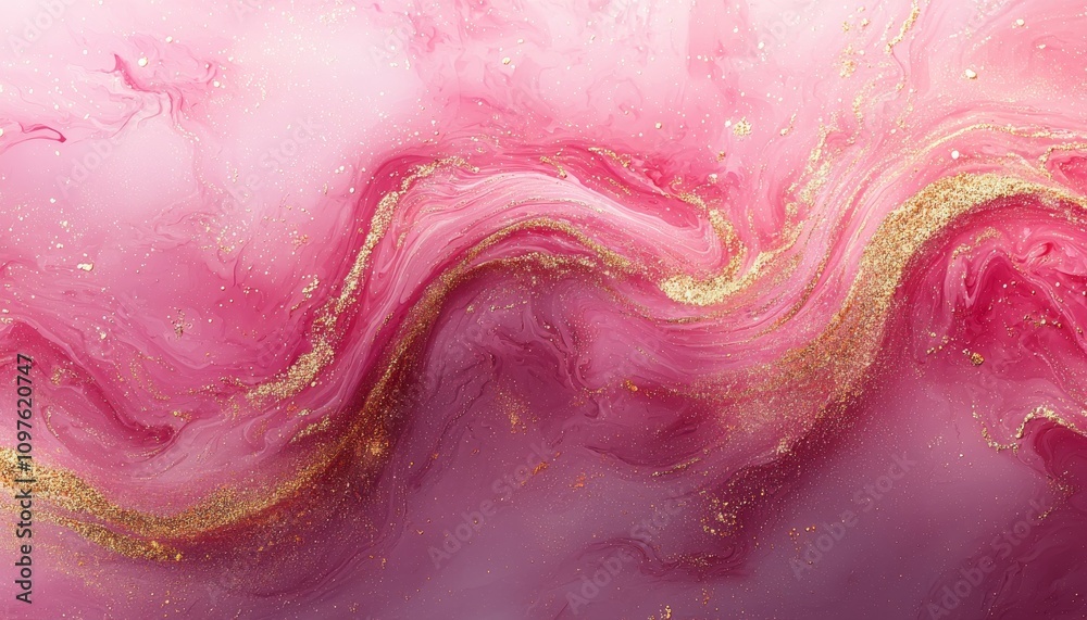 Fototapeta premium A vibrant abstract pattern featuring swirling pink hues and shimmering gold accents, creating a dreamy visual experience.