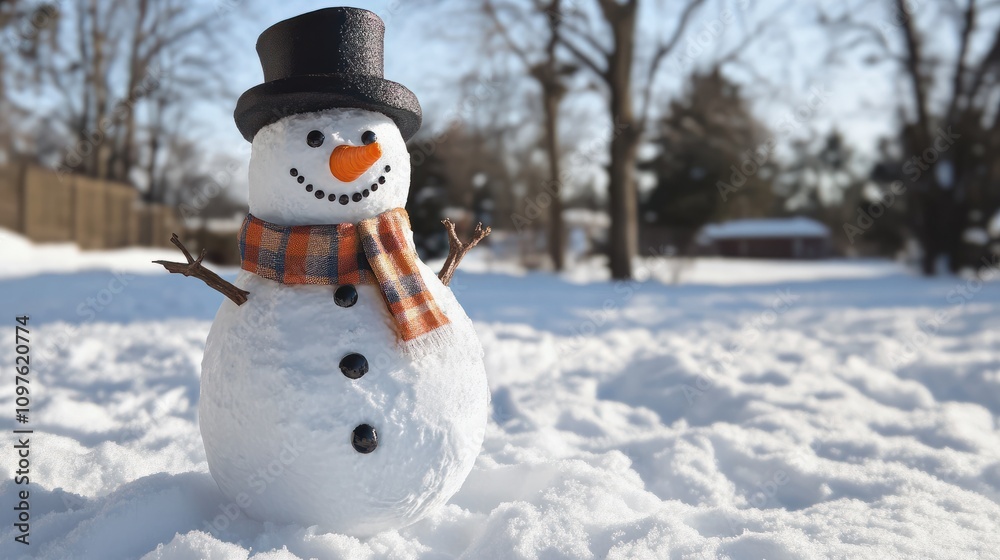 Cheerful snowman standing in a winter wonderland , snow, winter, holiday, decoration, festive, carrot nose, top hat, scarf