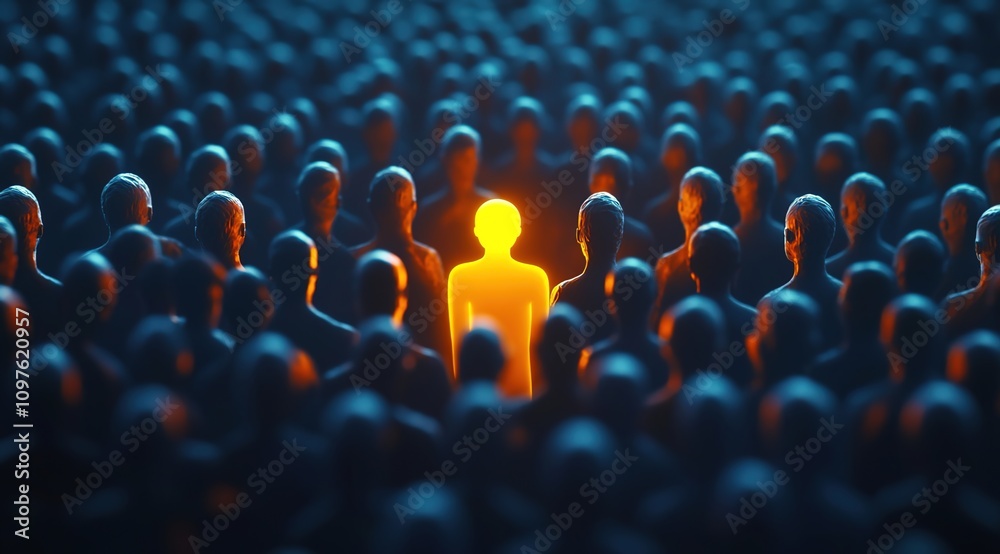 Obraz premium A glowing yellow figure standing out in the crowd of dark people, symbolizing individuality and importance among many others