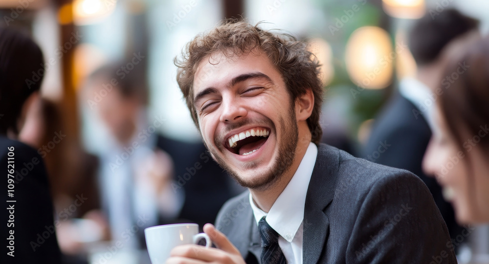 Charming businessman laughs joyfully in a cafe showcasing a lighthearted character in a vibrant urban environment