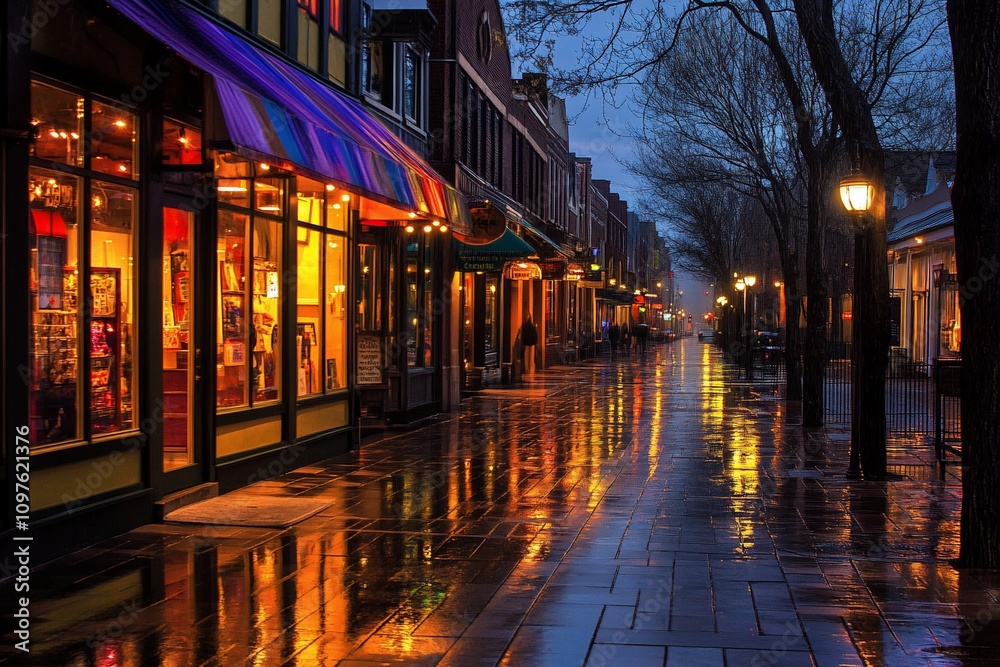 Fototapeta premium Wet city street at night, reflecting lights from shops.