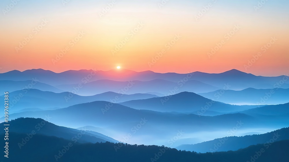 Obraz premium A peaceful sunrise over a misty mountain range, soft pastel tones with a gradient sky transitioning from light peach to pale blue, ample negative space for text.