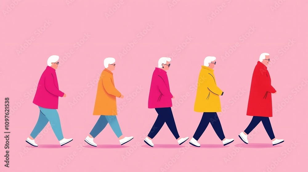 Seniors Exercising in a Walking Group, Continuous Line Drawing in Flat Design Seniors Exercising in a Walking Group, Continuous Line Drawing in Flat Design