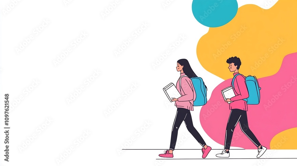 Group of students with books walking together to school in continuous line drawing flat design Group of students with books walking together to school in continuous line drawing flat design