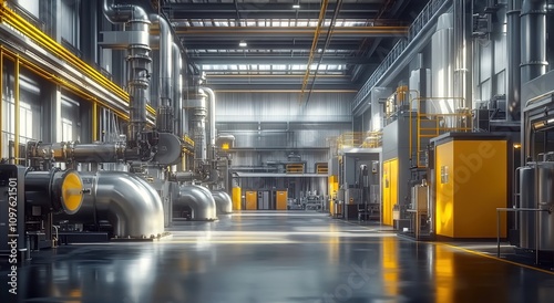 A modern factory floor with high-tech machinery and a large central composition, portraying the advanced technology of an industrial facility.