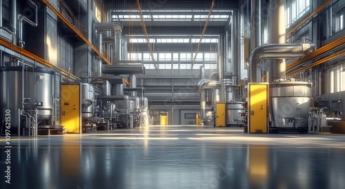 A modern factory floor with high-tech machinery and a large central composition, portraying the advanced technology of an industrial facility. photo