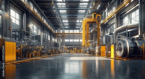 A modern factory floor with high-tech machinery and a large central composition, portraying the advanced technology of an industrial facility.