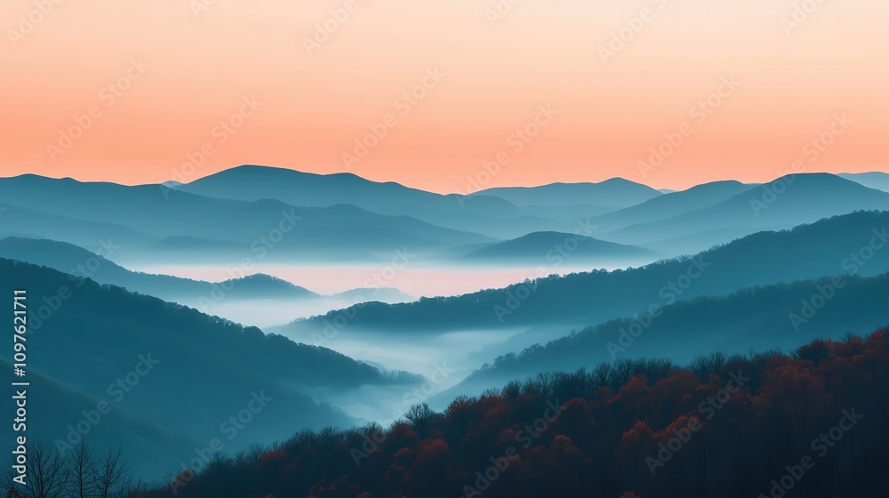 Obraz premium A peaceful sunrise over a misty mountain range, soft pastel tones with a gradient sky transitioning from light peach to pale blue, ample negative space for text.