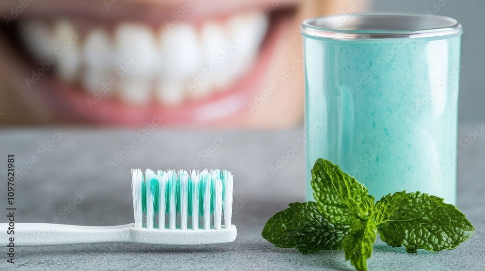 Daily dental care routine toothbrush mouthwash and mint home bathroom setting hygiene close-up view health awareness Daily dental care routine toothbrush mouthwash and mint home bathroom setting hygiene close-up view health awareness