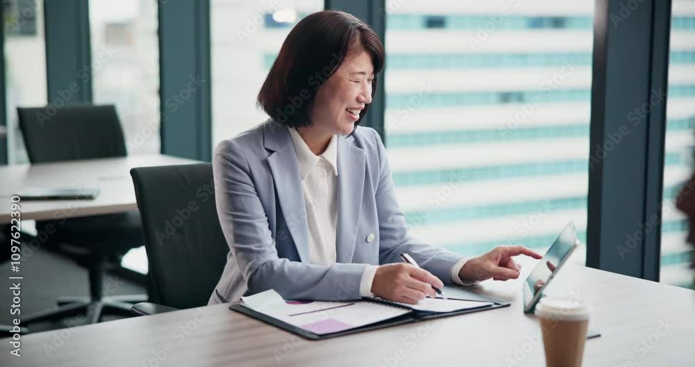 Happy woman, tablet or notes in office for business, positive feedback or planning in meeting. Mature assistant, tech or document in Japanese workplace for budget review, agenda or project management Happy woman, tablet or notes in office for business, positive feedback or planning in meeting. Mature assistant, tech or document in Japanese workplace for budget review, agenda or project management