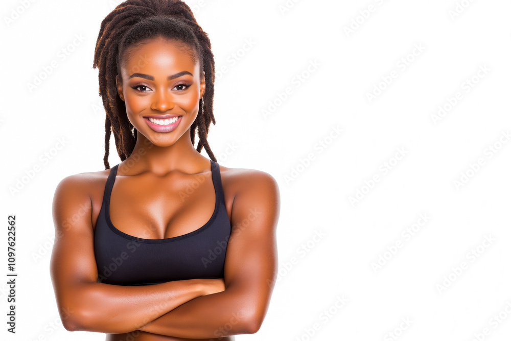 Black female fitness trainer demonstrating confidence and strength during a workout in a studio environment Black female fitness trainer demonstrating confidence and strength during a workout in a studio environment
