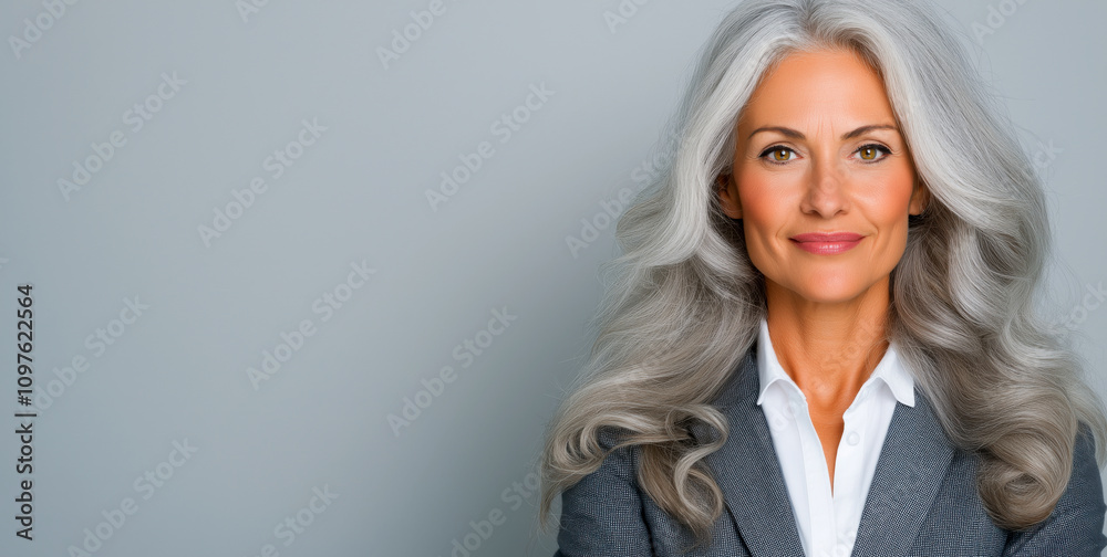 A middle aged business woman with long gray hair smiles confidently, showcasing her leadership. She is dressed in a stylish suit, embodying professionalism and success in her business endeavors. A middle aged business woman with long gray hair smiles confidently, showcasing her leadership. She is dressed in a stylish suit, embodying professionalism and success in her business endeavors.