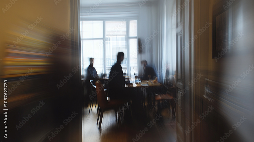 Meeting in a bright room with blurred movement in the foreground Meeting in a bright room with blurred movement in the foreground