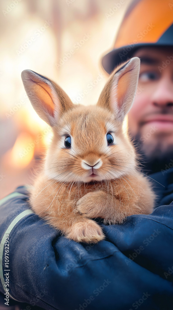 Obraz premium Firefighter cradles a fluffy bunny cub in his arms while standing amidst against the background of a burning forest or house, showcasing a tender moment of care and companionship