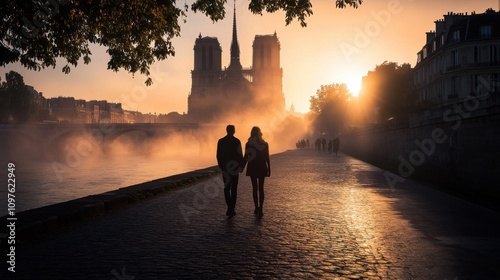 A young couple strolls hand-in-hand along the Seine River at sunset, enjoying the romantic atmosphere in Paris photo