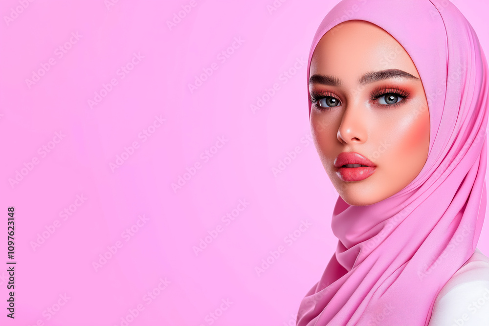 Portrait of a woman wearing a pink hijab with striking makeup and vivid eyes against a bright pink background Portrait of a woman wearing a pink hijab with striking makeup and vivid eyes against a bright pink background