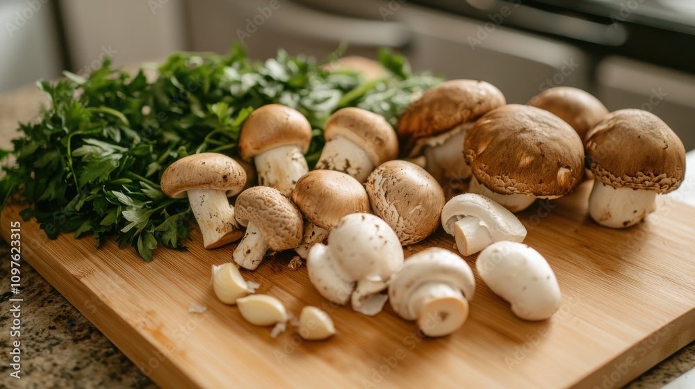 A variety of fresh edible mushrooms and herbs arranged on a wooden cutting board in a bright kitchen setting A variety of fresh edible mushrooms and herbs arranged on a wooden cutting board in a bright kitchen setting