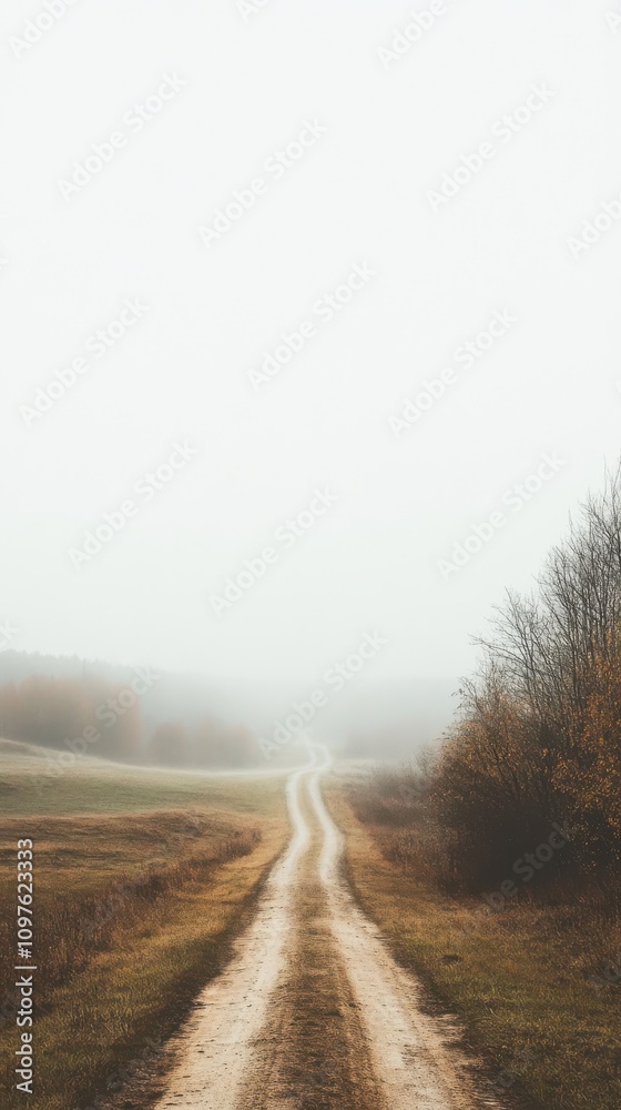 A winding dirt road vanishes into the misty landscape of a tranquil countryside at dawn A winding dirt road vanishes into the misty landscape of a tranquil countryside at dawn