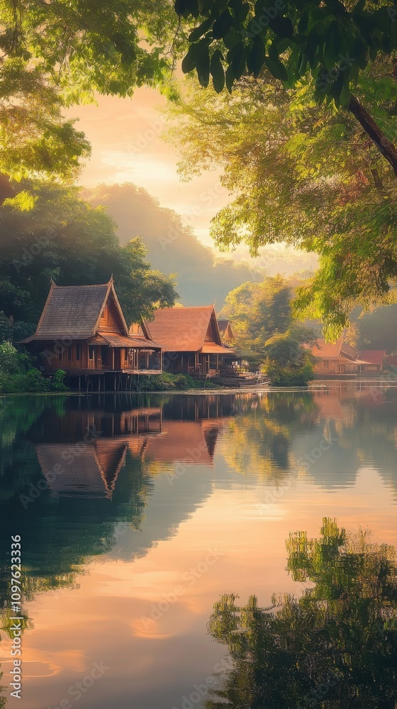 Fototapeta premium A peaceful village by a calm lake surrounded by lush greenery at sunrise, reflecting tranquility in every direction