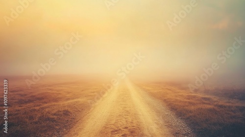 A peaceful dirt road fading into the horizon on a foggy morning at dawn