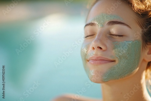 Woman with eyes closed, relaxing with a green facial mask.