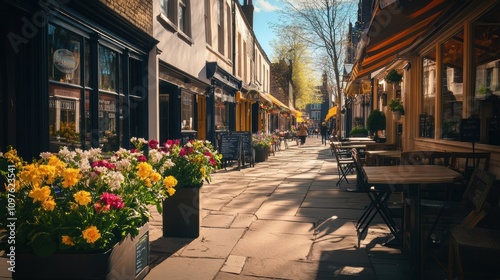 Charming sunny urban street with vibrant cafes and blooming flowers in a lively neighborhood