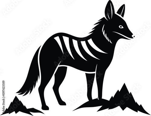 Black & White Thylacine Illustration: Tasmanian Tiger Standing on Rocks, Extinct Animal Art, Vintage Style Wildlife Graphic