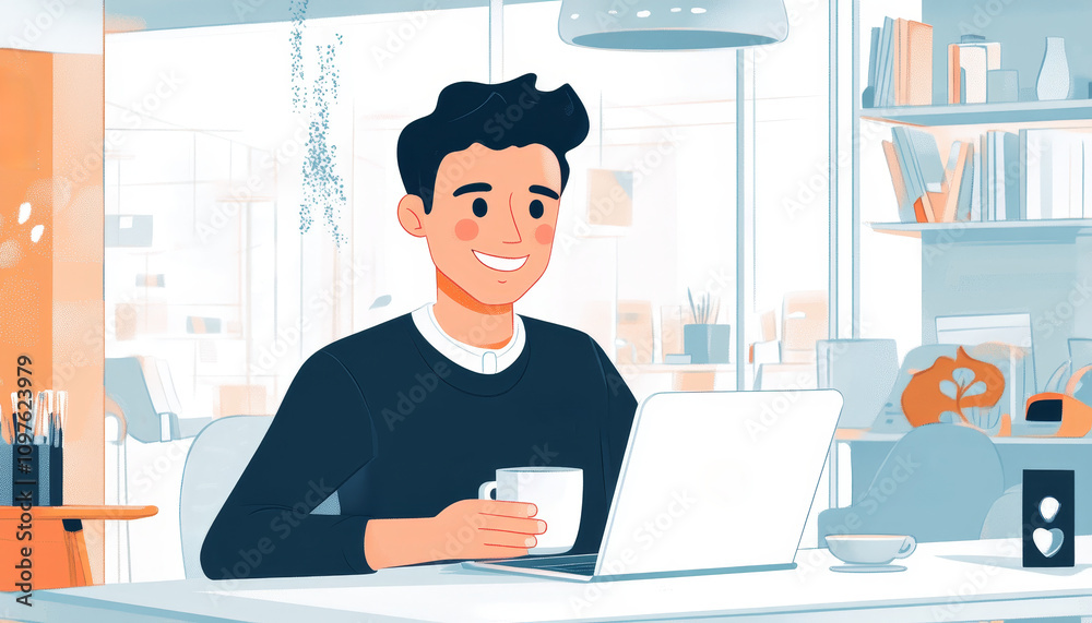 Charming businessman enjoying a cup of coffee in a modern workspace setting for business inspiration