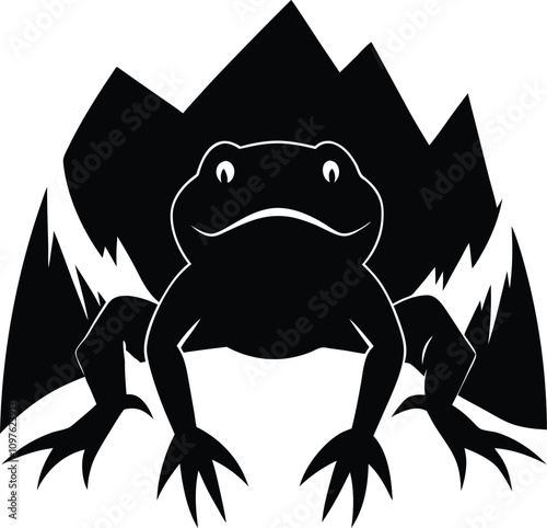 Black and White Graphic of a Frog with Mountains in the Background - Vector Illustration, Nature, Wildlife, Amphibian, Silhouette Art