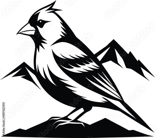 Cardinal Bird Mountain Logo Vector Illustration: Black and White Graphic Design of Bird Perched on Peak for Branding & Symbolism