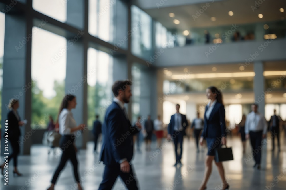 Blurred image of business people in the lobby of a modern office building Blurred image of business people in the lobby of a modern office building