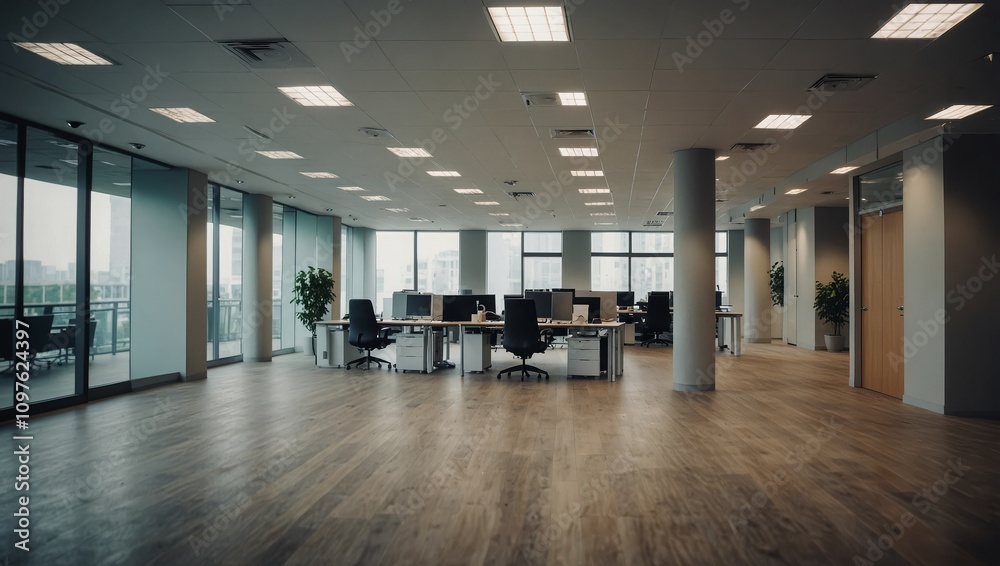 Blurred empty open space office. Abstract light bokeh at office interior background Blurred empty open space office. Abstract light bokeh at office interior background