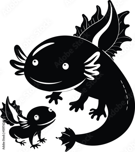 Black and White Axolotl Illustration: Cute Cartoon Amphibians, Aquatic Salamanders, Vector Art, Animal Graphic, Pet Design